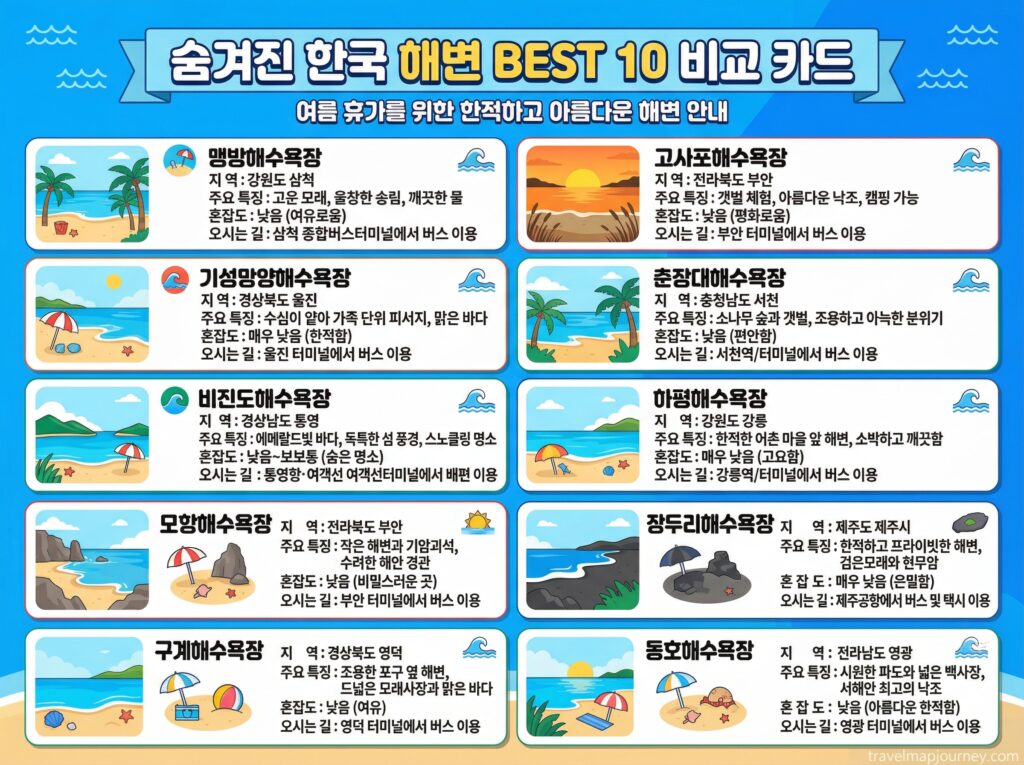 숨은 해수욕장 BEST 10 비교 인포그래픽 주소 혼잡도 가는법