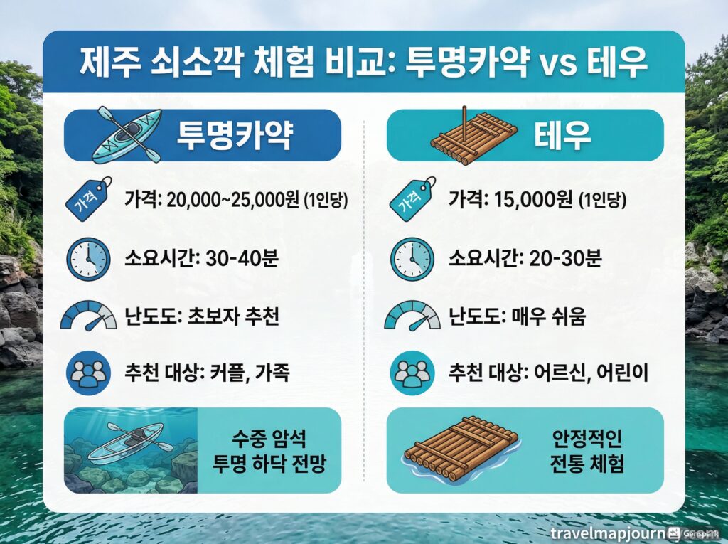 투명카약·테우 2가지 체험 비교 인포그래픽