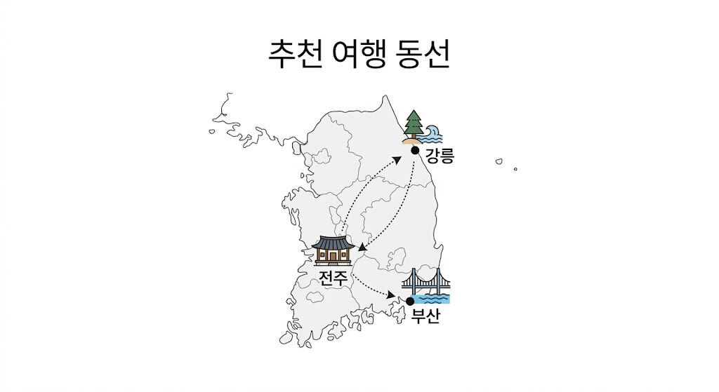 국내 1박2일 여행 강릉 전주 부산 지도
