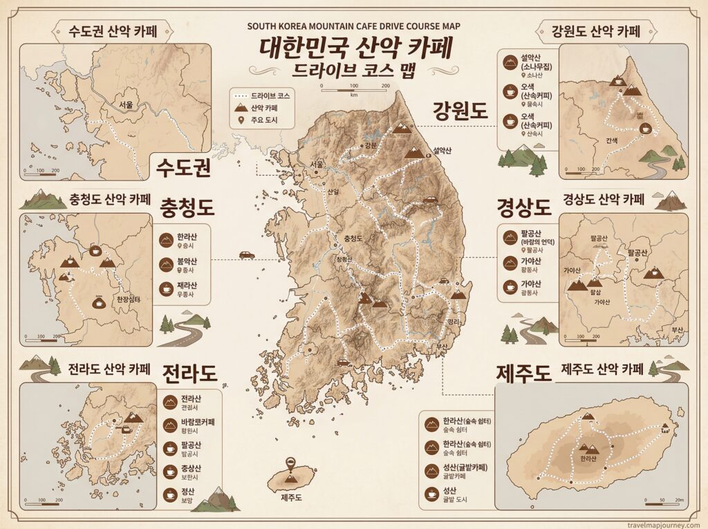 전국 산 위 카페 드라이브 코스 지역별 지도 인포그래픽