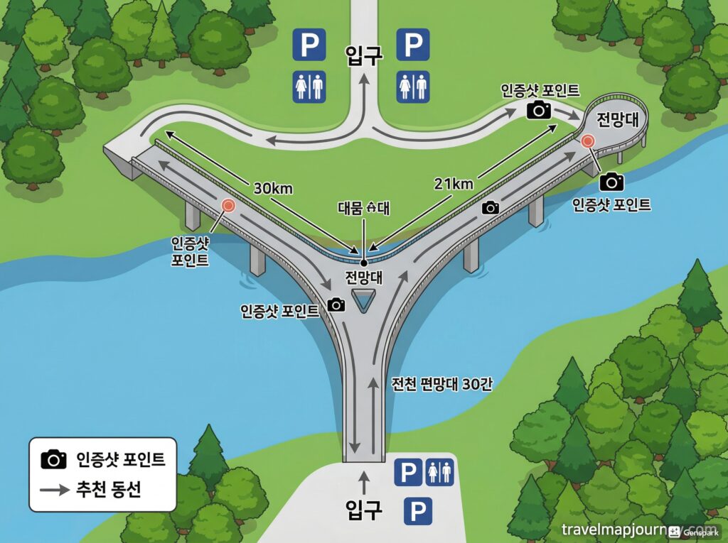 Y자 출렁다리 구조 + 추천 동선 지도, 인증샷 포인트 마킹