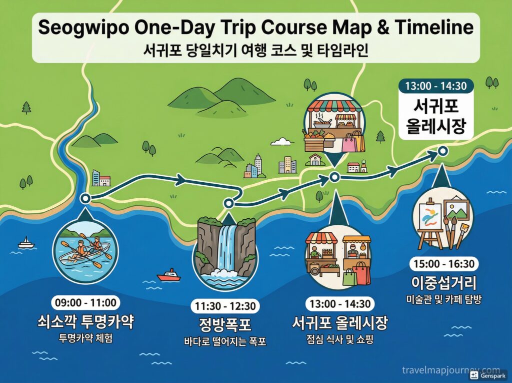 쇠소깍→정방폭포→올레시장→이중섭거리 코스 지도 or 타임라인 카드