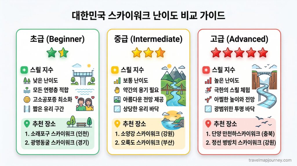 국내 스카이워크 아찔함 레벨별 추천 명소 인포그래픽