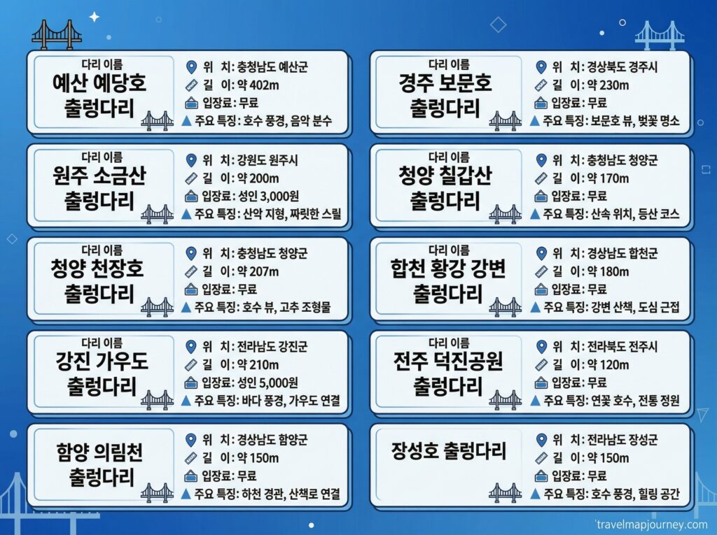 국내 출렁다리 BEST 10 비교 인포그래픽 길이 입장료 위치 총정리