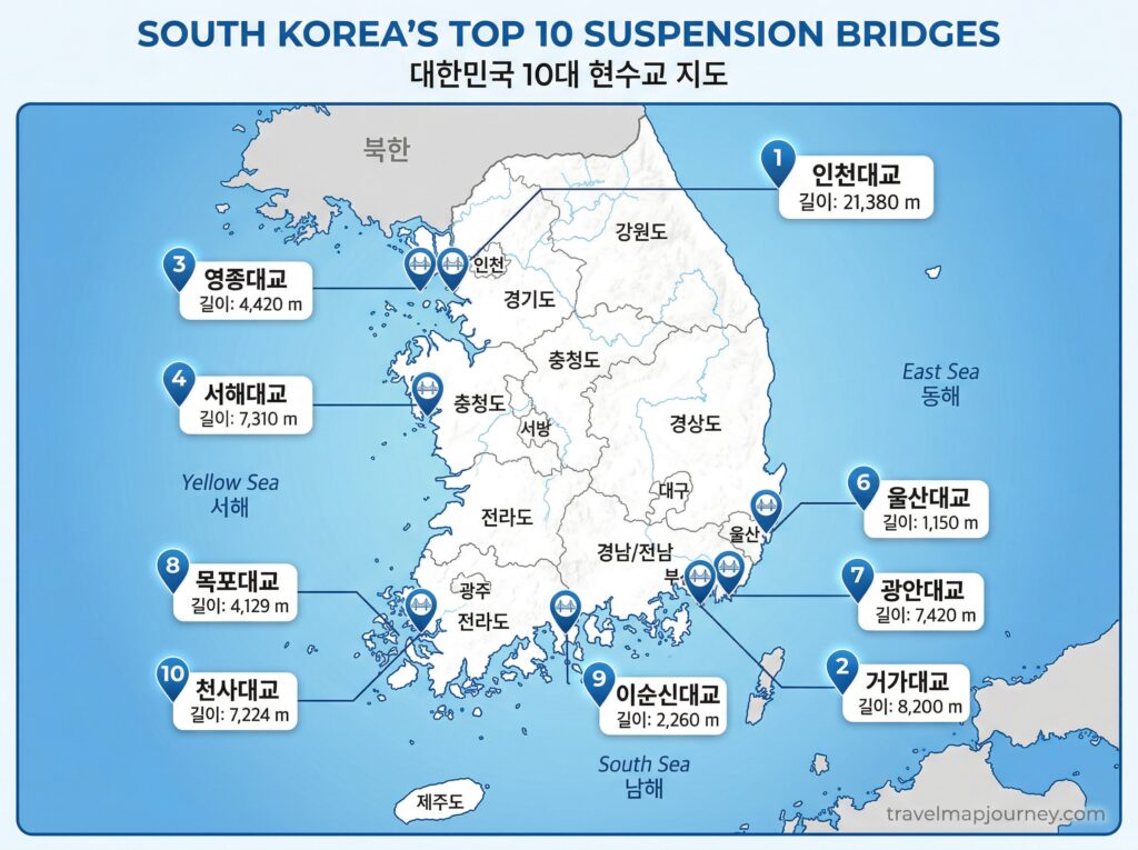 국내 출렁다리 BEST 10 지역별 위치 지도 인포그래픽