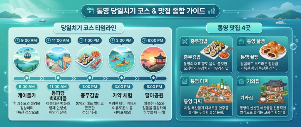 케이블카→동피랑→충무김밥→카약→달아공원 타임라인 + 맛집 4곳