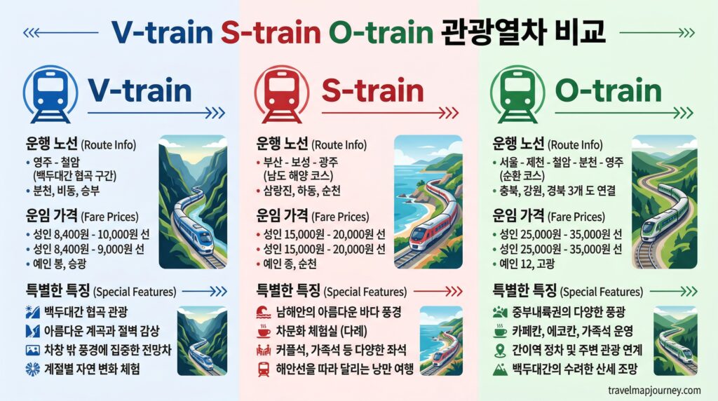 국내 관광열차 V-train S-train O-train 비교 인포그래픽