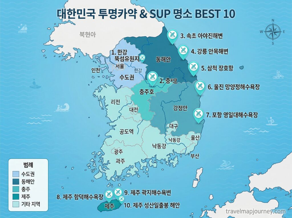 국내 투명카약 SUP 명소 BEST 10 지역별 지도