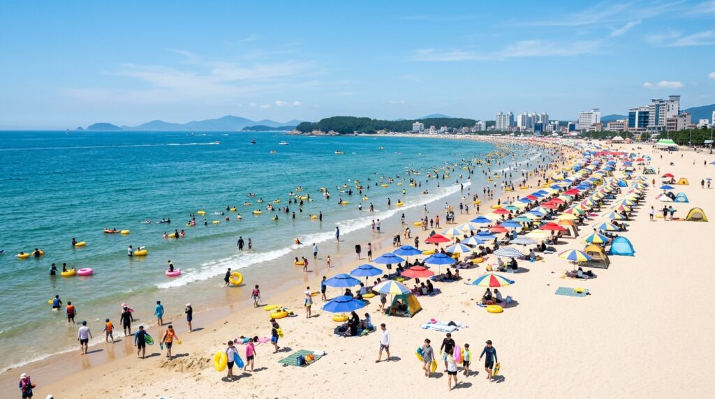 보령 대천해수욕장 넓은 백사장과 여름 피서객들이 즐기는 모습