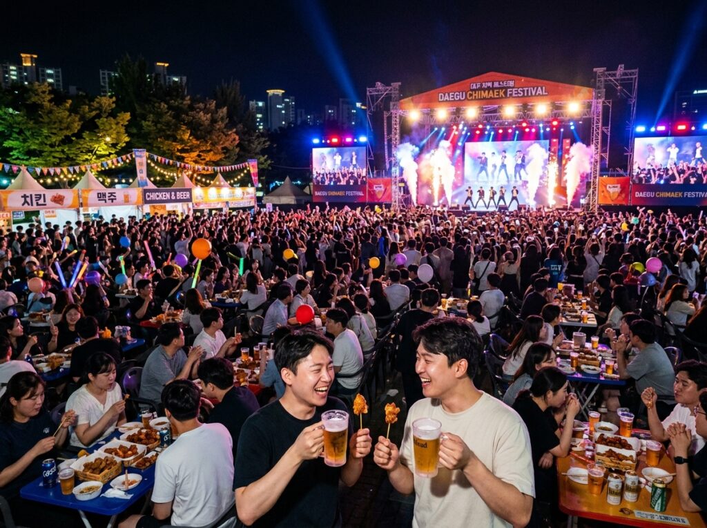 대구 치맥페스티벌 야간 치킨과 맥주를 즐기는 인파와 화려한 무대 공연