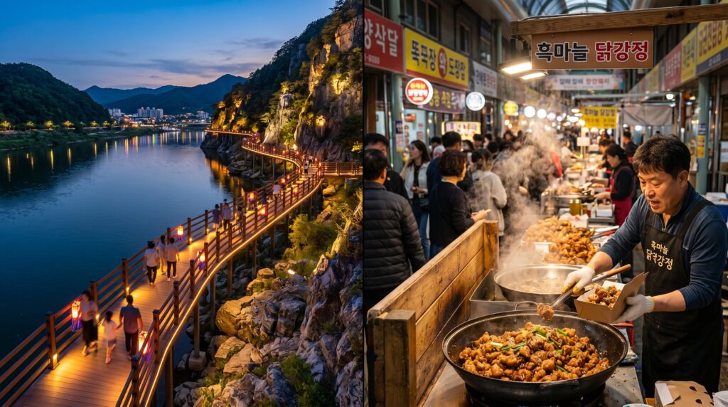 단양강잔도 야간조명 산책로와 구경시장 흑마늘닭강정 맛집