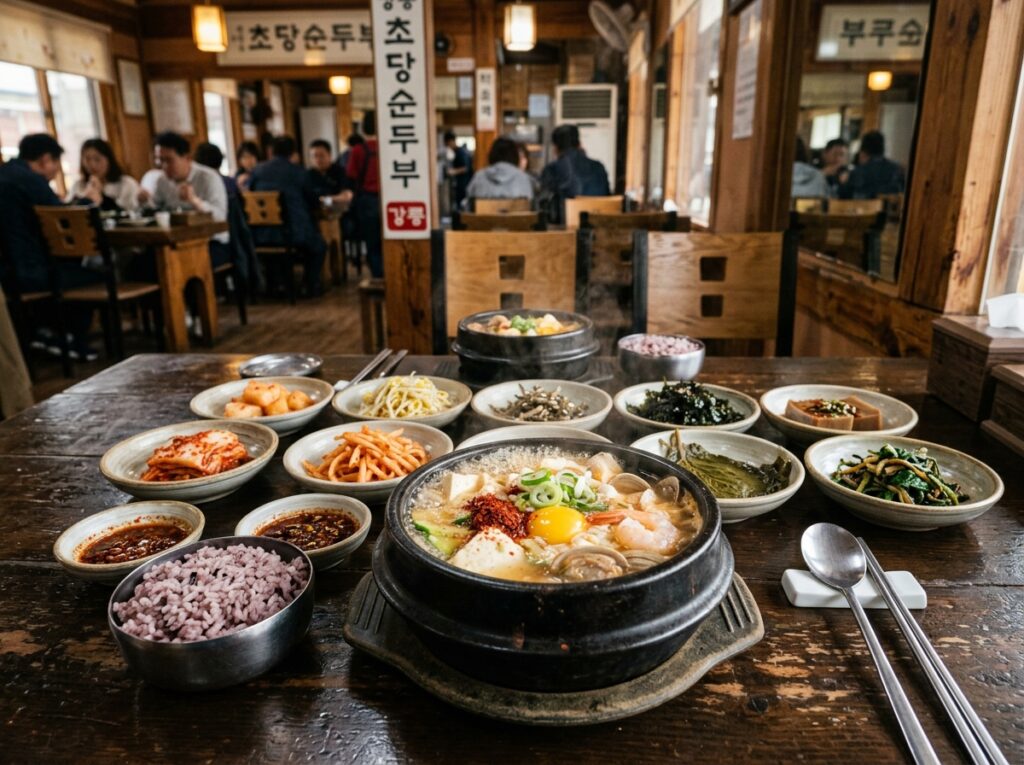 강릉 초당순두부마을의 하얀 순두부와 남도 밑반찬 상차림