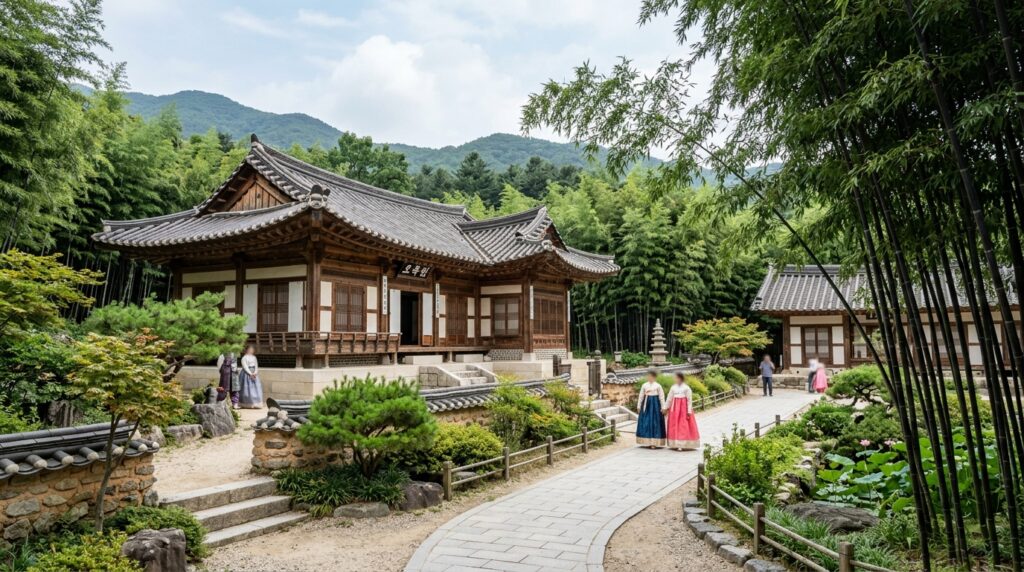 강릉 오죽헌 검은 대나무 숲과 조선시대 전통 한옥 전경