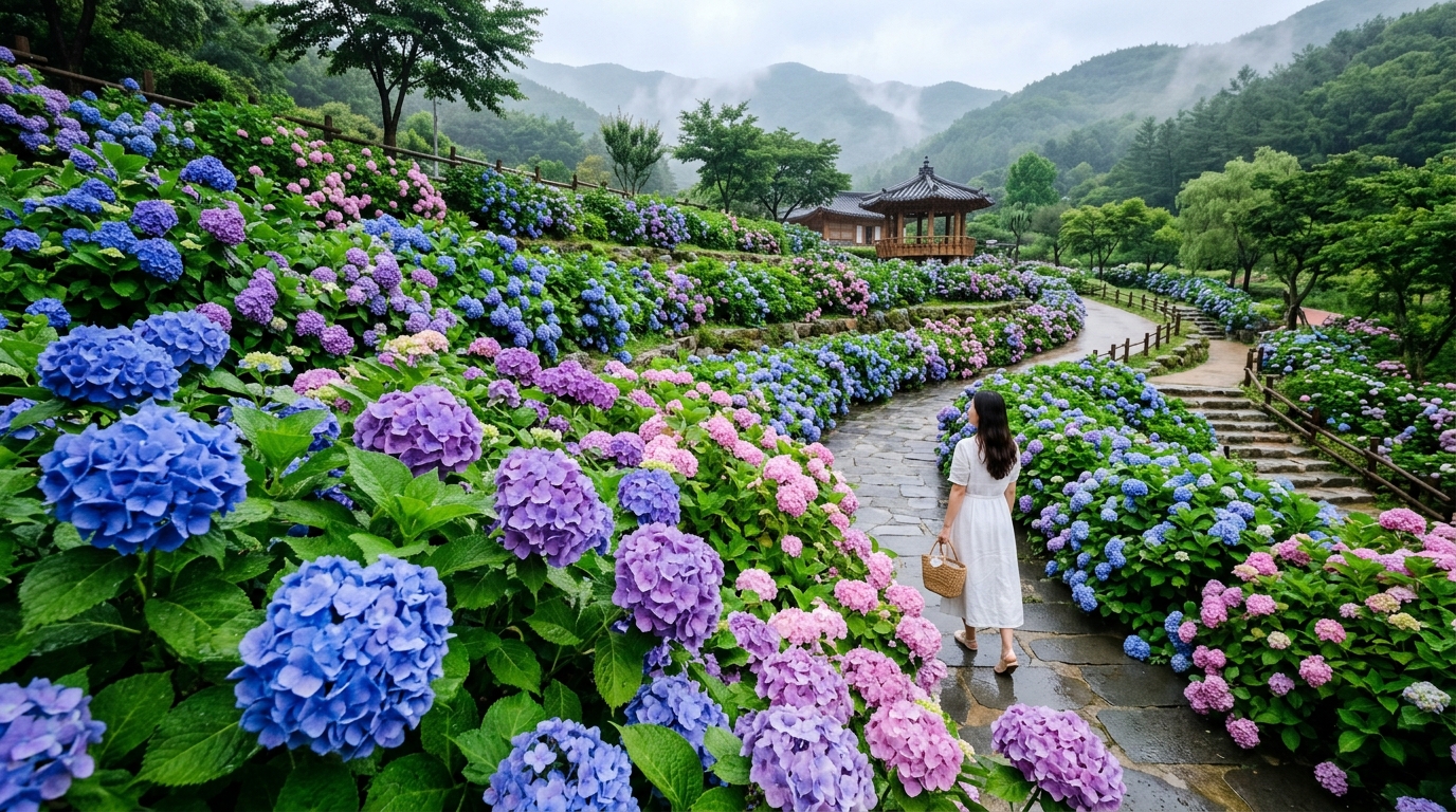 국내 수국 명소에서 활짝 핀 보라색·파란색·분홍색 수국 군락 전경
