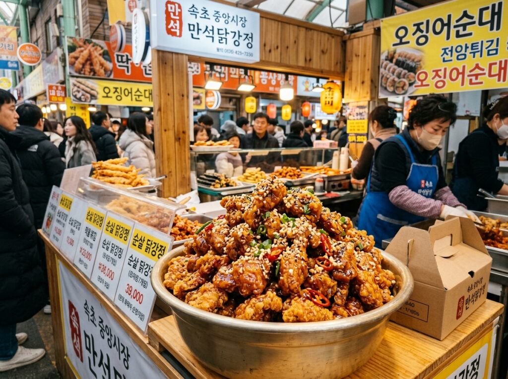 속초 관광수산시장 만석닭강정과 시장 먹거리 풍경