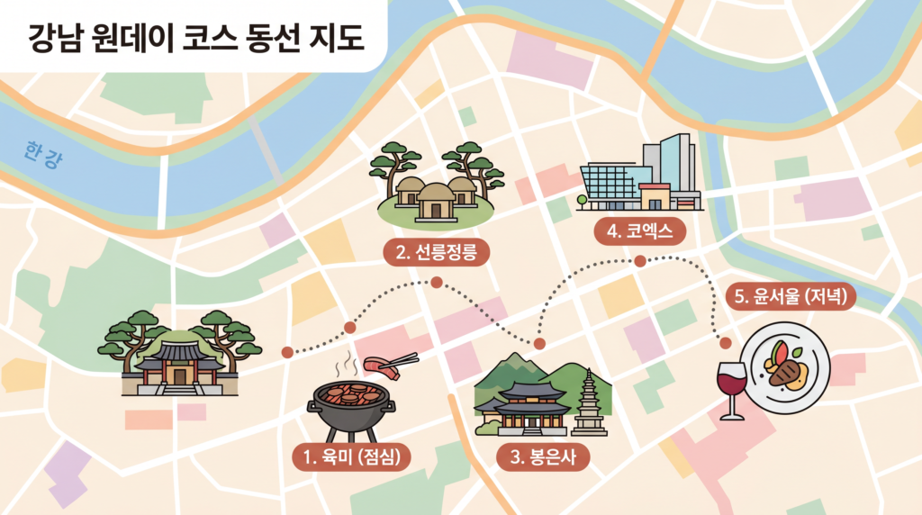 육미, 선릉정릉, 봉은사, 코엑스, 윤서울 순서로 이어지는 강남 당일치기 동선 지도 일러스트