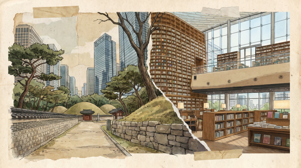 강남 원데이 코스 볼거리인 도심 속 왕릉 산책로와 코엑스 별마당 도서관 풍경 콜라주