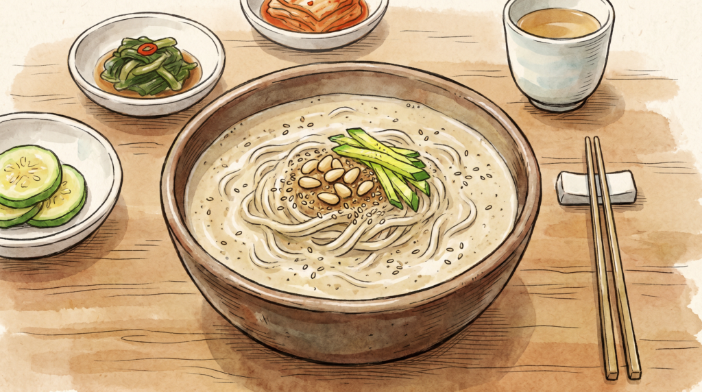 강남 윤서울 식당의 정갈한 들깨국수 한식 플레이팅 일러스트