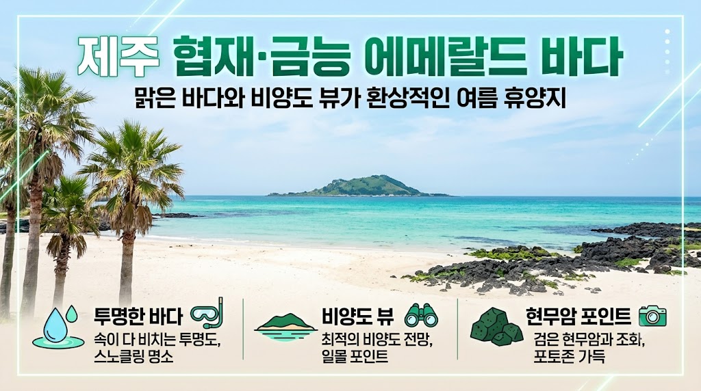 제주 협재 금능 해수욕장 에메랄드 바다 비양도 뷰 썸네일