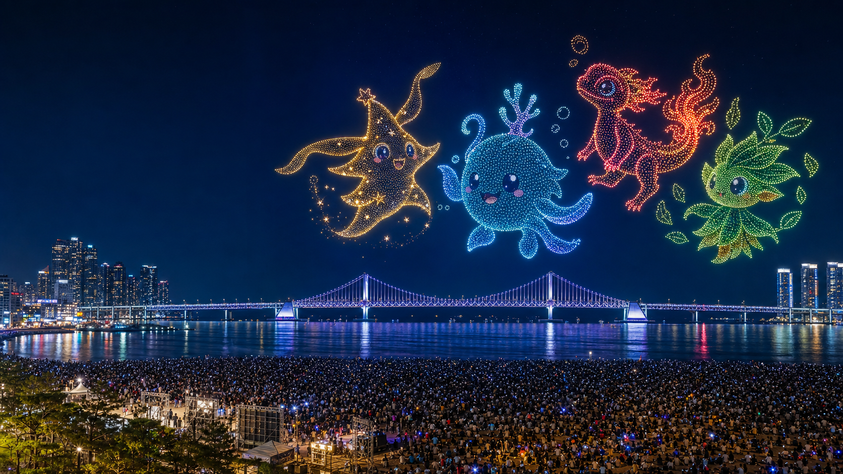 광안대교와 해변 위 대형 캐릭터 드론쇼를 표현한 2026 부산 포켓몬 행사 가이드 이미지
