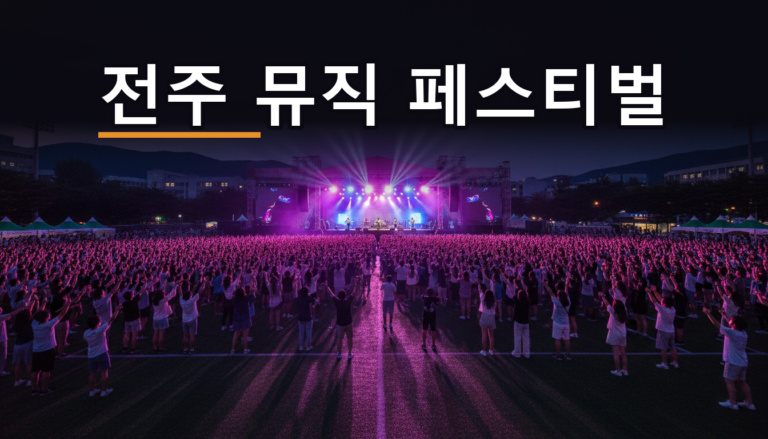 해질 무렵 야외 음악 페스티벌 메인 스테이지와 손을 든 관객들