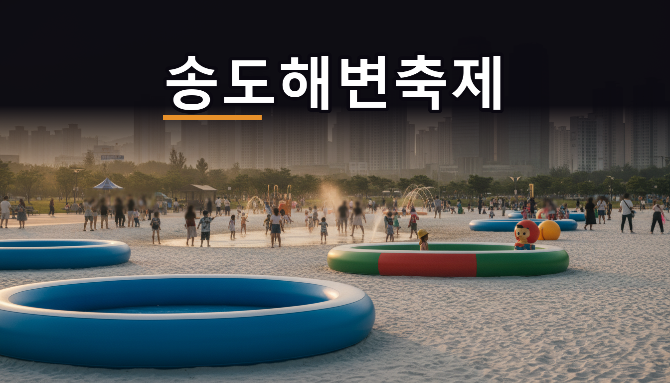 도심 공원에 마련된 인공 백사장과 야외 물놀이장 위로 해가 지는 여름 저녁 풍경