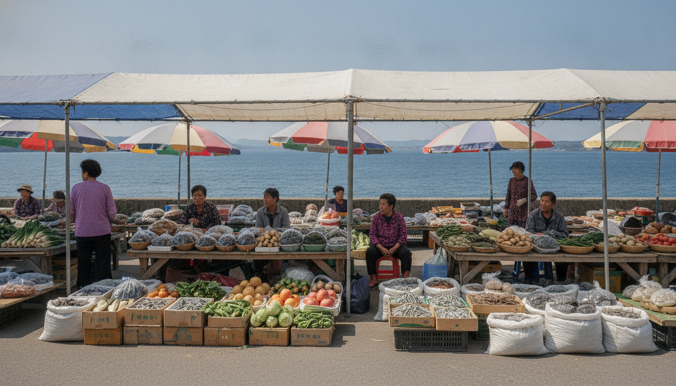 바다 옆에 선 제주 시골 오일장 좌판 풍경