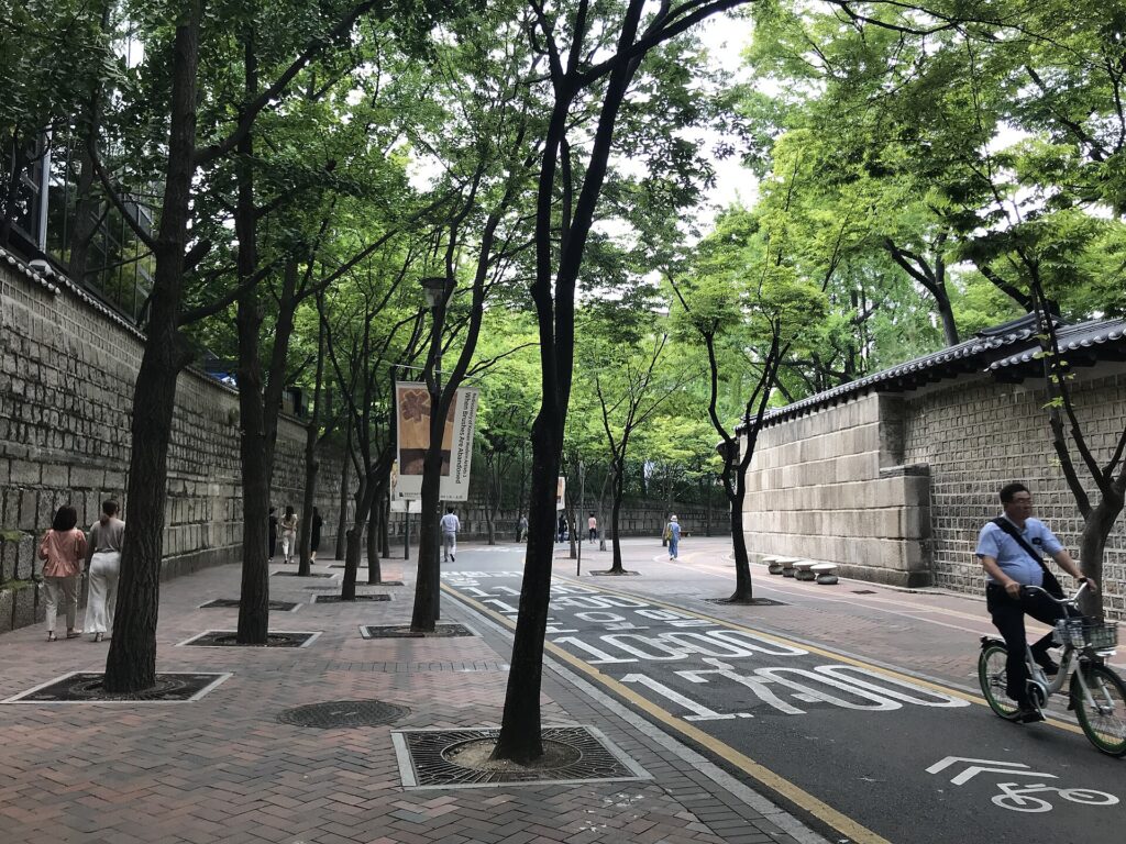 Trees and stone walls along Jeongdong-gil in Seoul
