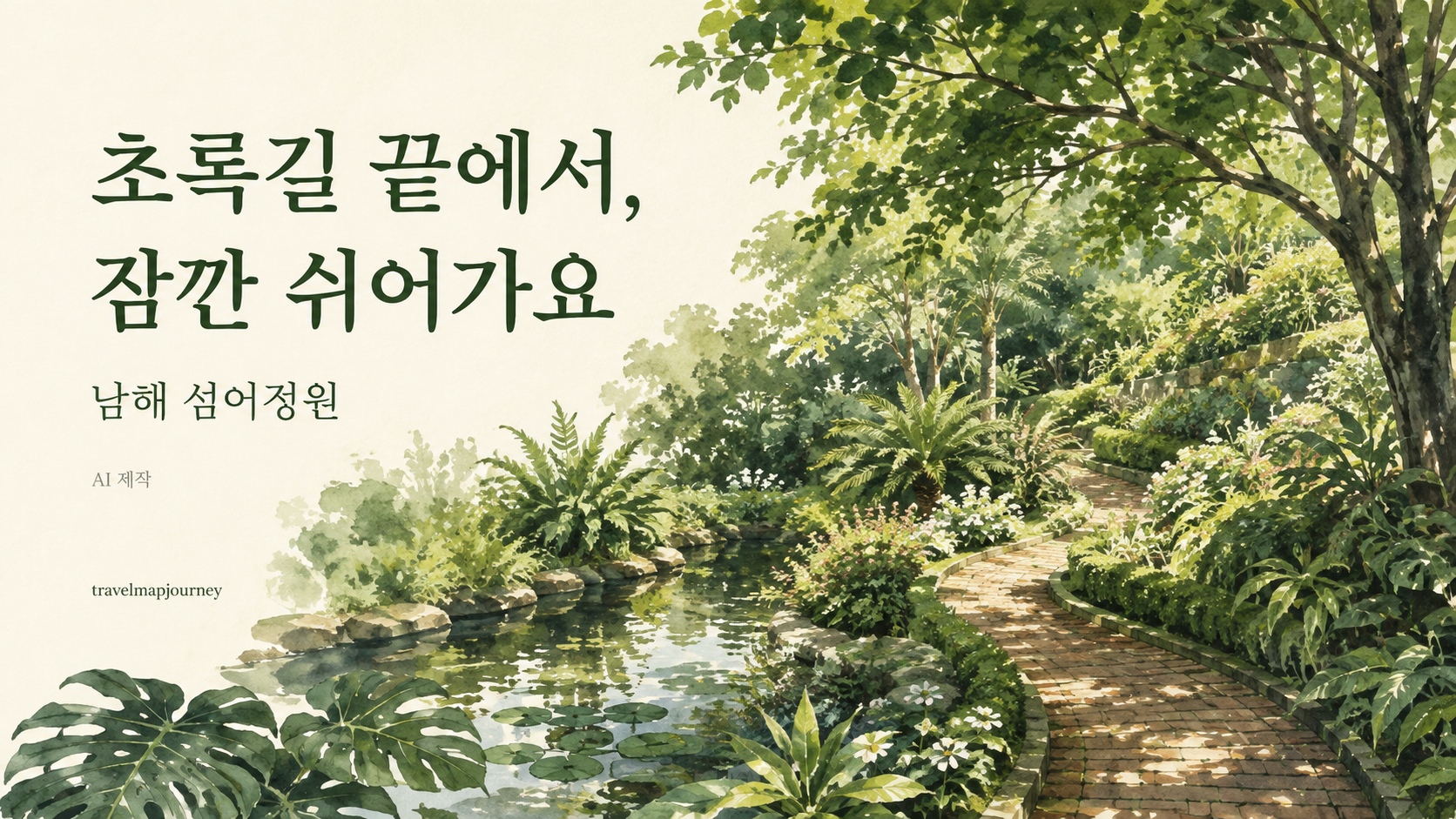 남해 섬이정원의 초록길과 휴식을 표현한 AI 제작 수채화 표지