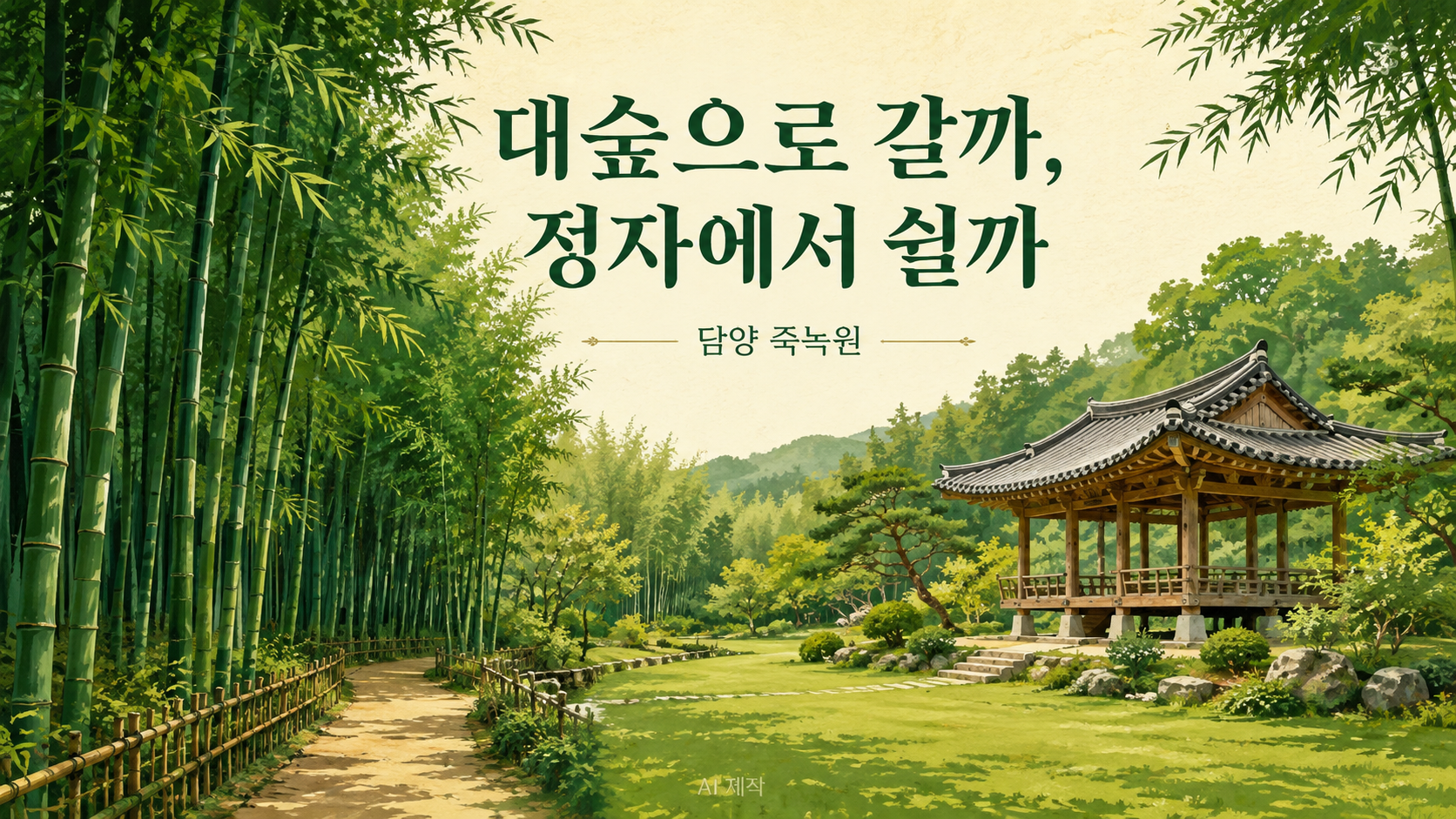 담양 죽녹원의 대숲과 정자 관람 선택을 표현한 AI 제작 일러스트